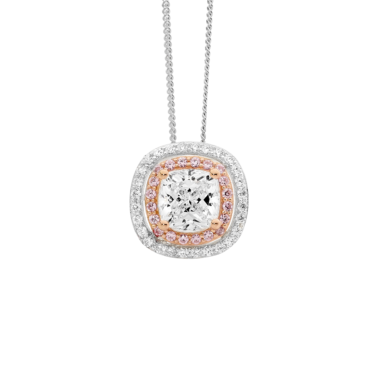Sterling Silver White Pink Cubic Zirconia Double Halo Cushion Cut Pendant  With Rose Gold Plated Highlights