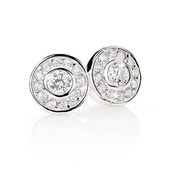 Sterling Silver Round Bezel Set Cubic Zirconia With Pave Set Halo Surround  Stud Earrings