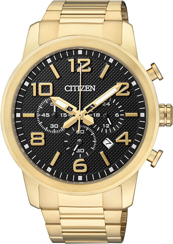 Mens gold plated stainless steel citizen watch with stopwatch and date on a stainless steel bracelet.