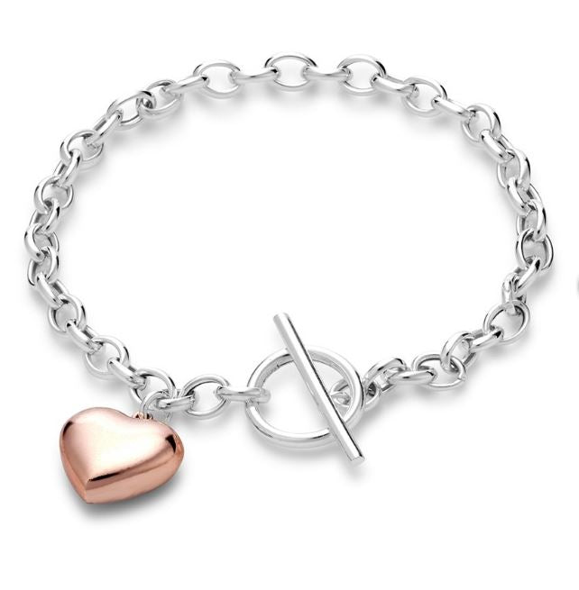 Sterling Silver Belcher Fob Bracelet Featuring Gold Plated Heart Charm