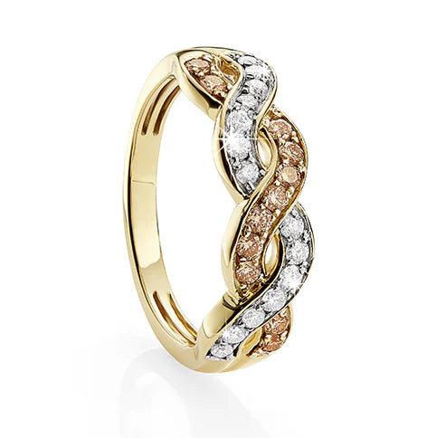 9 carat yellow gold 0.50ct natural champagne and hi/p1-2 white diamond plait design dress ring