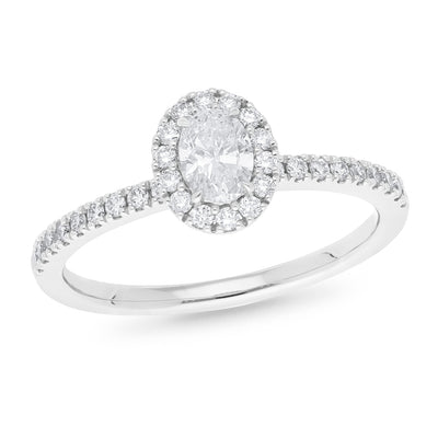 9ct White Gold Oval Diamond Halo Engagement Ring