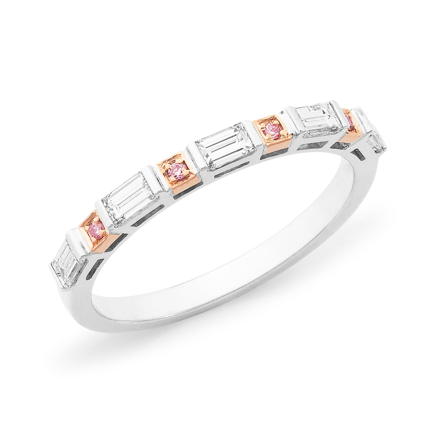 9 Carat White Gold/Rose Gold Round Brilliant Cut Natural Argyle Pink Diamond And White Baguette Diamond Eternity/Dress Ring.