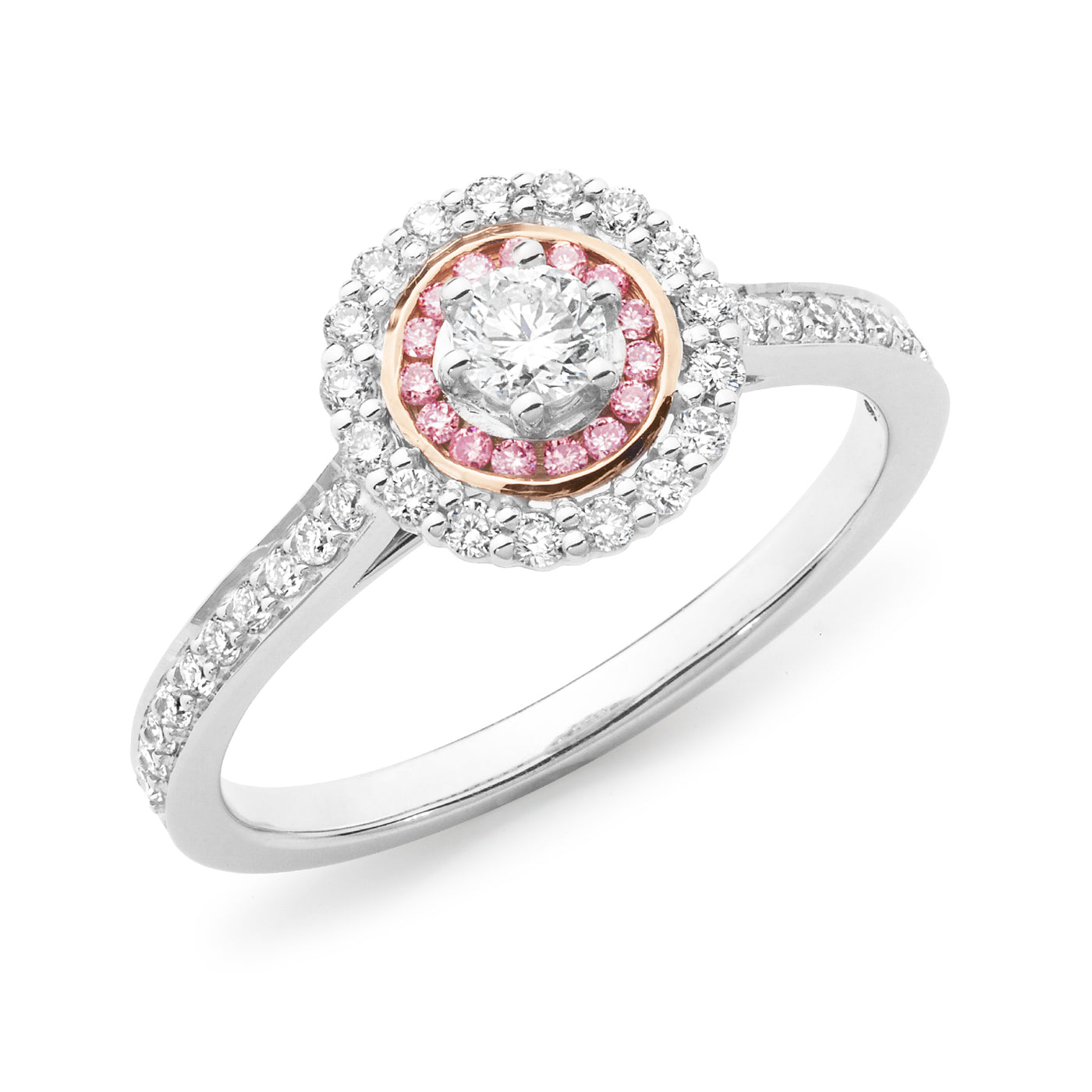 9 Carat White Gold Natural Pink Argyle And White Diamond Double Halo Engagement/Dress Ring