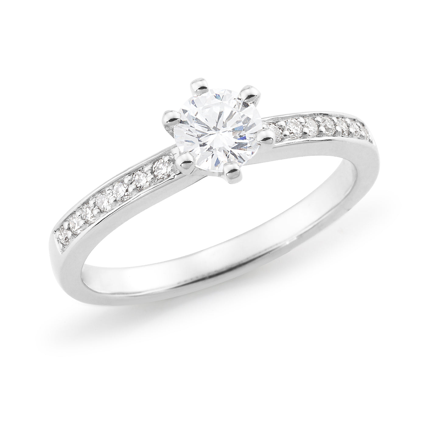 9 Carat White Gold Six Claw Natural Solitaire Diamond Engagement Ring With Bead Set Shoulders
