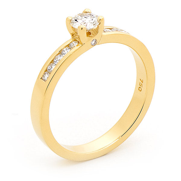9 Carat Yellow Gold 4 Claw Diamond Solitare Engagement Ring With Channel Set Shoulders