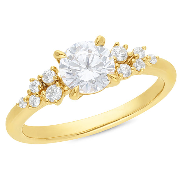 9ct yellow gold claw set 1ct solitaire lab grown diamond ring with 10 shoulder diamonds