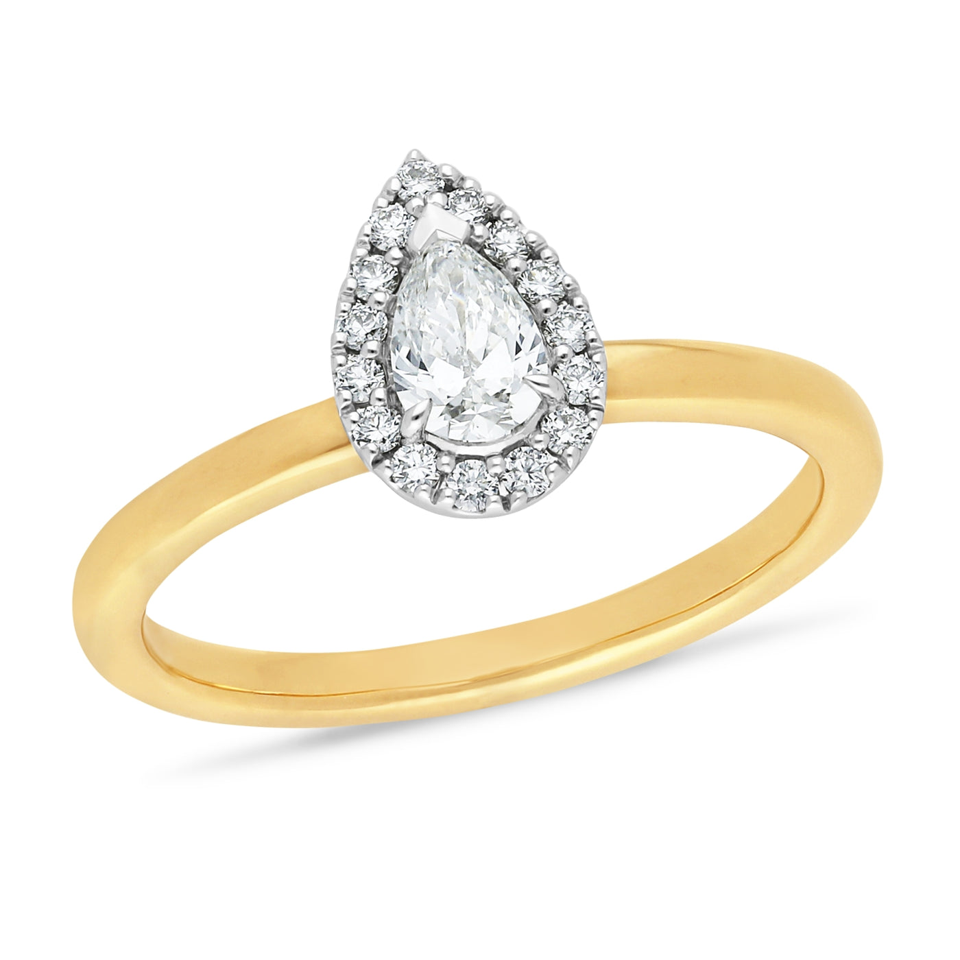 9ct Yellow Gold Claw Set Pear Shaped Natural Diamond Engagement Ring With White Gold Diamond Set Halo