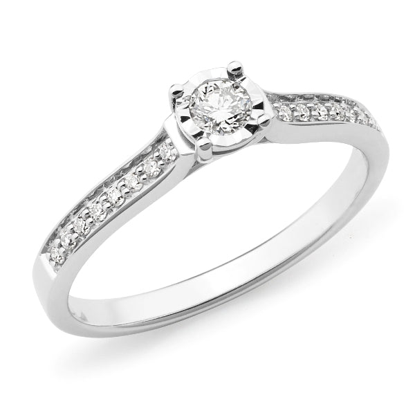 9ct White Gold Solitaire Diamond Engagement Ring With Bead Set Shoulders