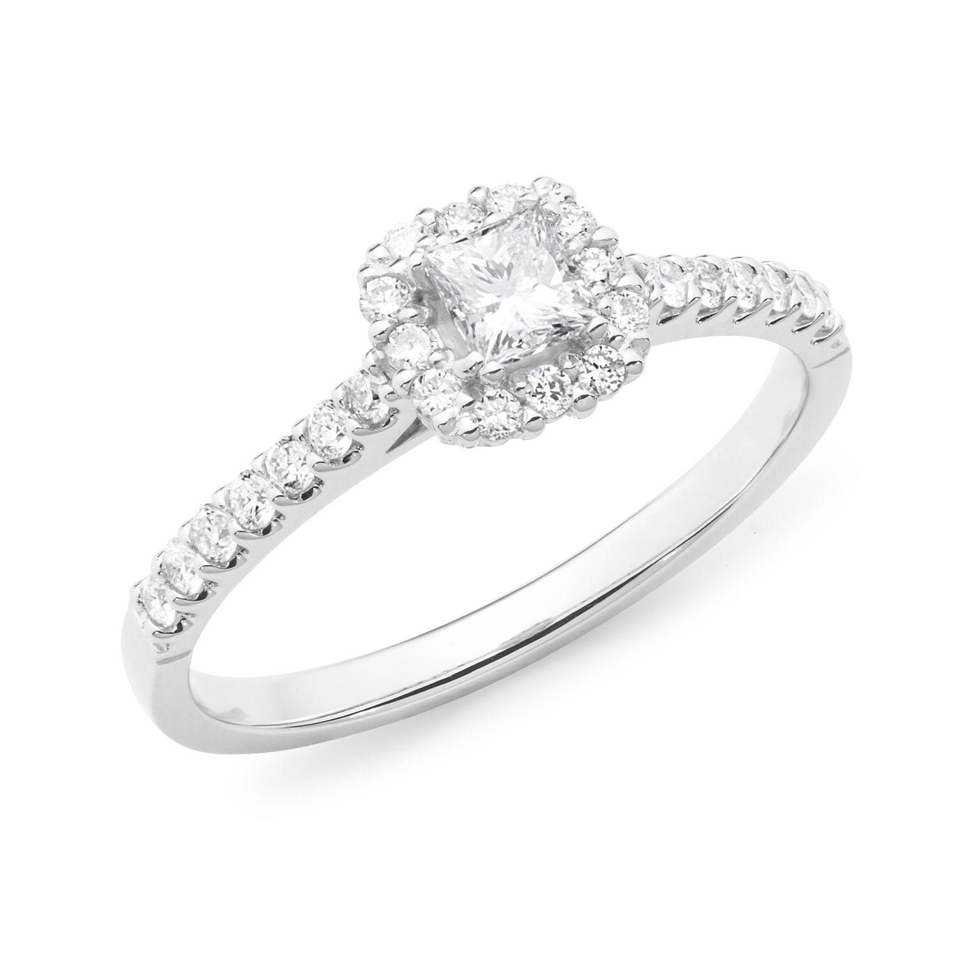 9 Carat White Gold Halo Engagement Ring With Natural 1/4 Carat Princess Cut Centre Diamond