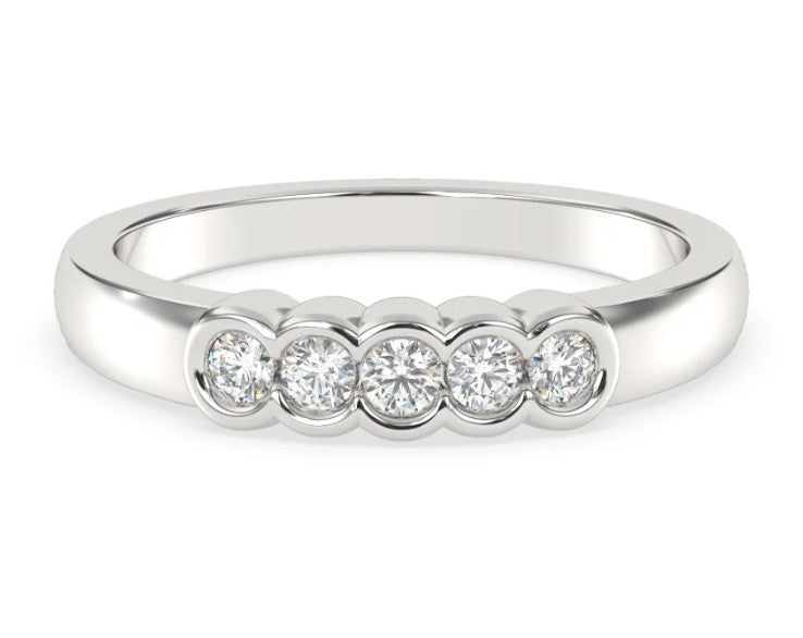 9 carat white gold five diamond bezel set ring