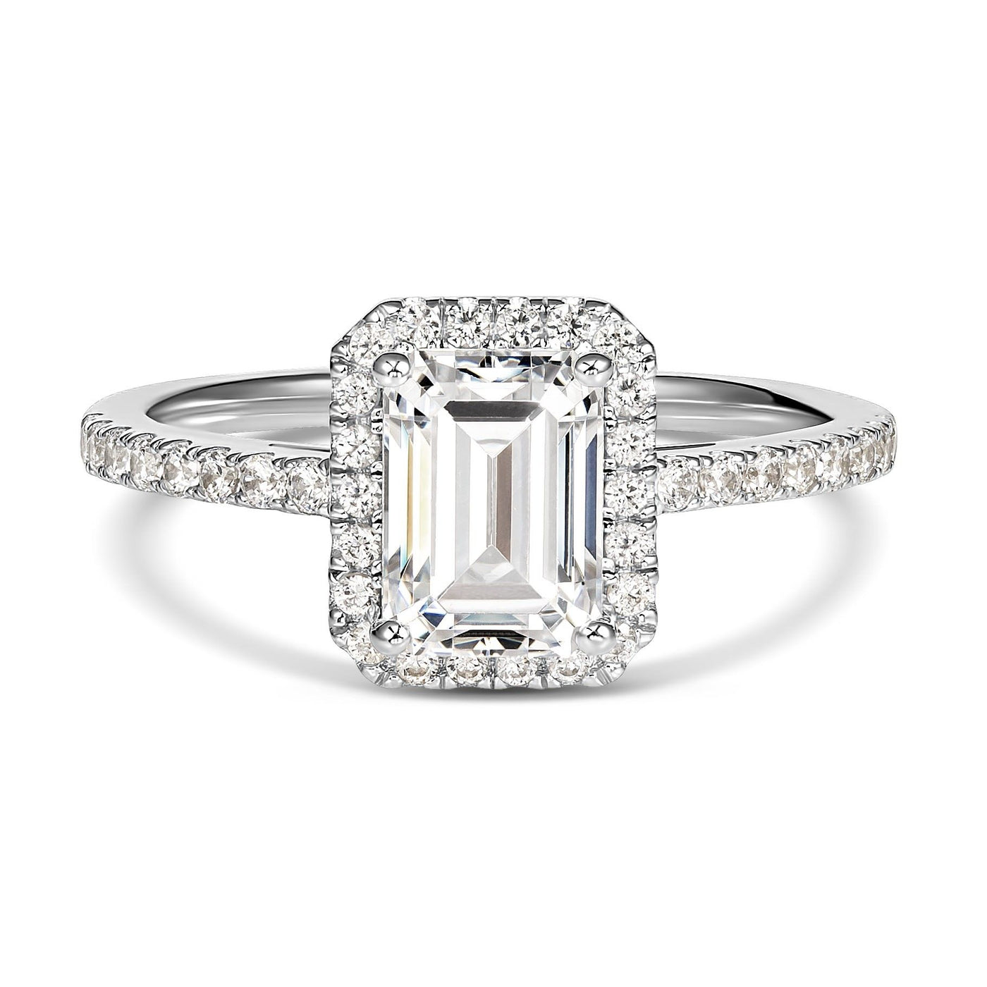 18ct White Gold Claw Set 1ct F/VS2 Emerald Cut Lab Grown Diamond ring with 18 lab grown round brilliant cut diamonds in the halo and 16 lab grown diamonds bead set in the shoulders
TDW = 1.52ct Diamond grade = E, VS2