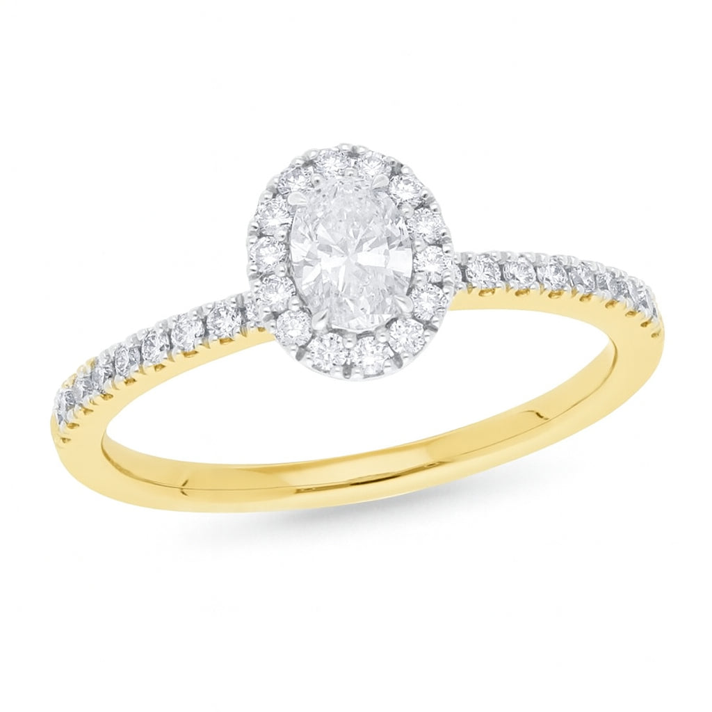 9 Carat Yellow Gold Oval Lab Grown Diamond Engagement Ring With Diamond Set Halo And Shoulders