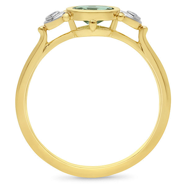 9ct Yellow Gold Bezel Set Synthetic Emerald And Natural Diamond Dress Ring