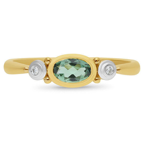 9ct Yellow Gold Bezel Set Synthetic Emerald And Natural Diamond Dress Ring