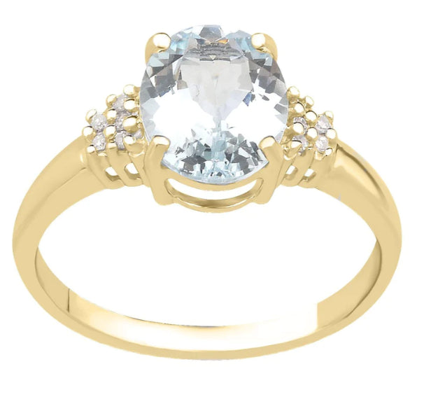 9 Carat Yellow Gold Oval Natural Aquamarine And Diamond Ring