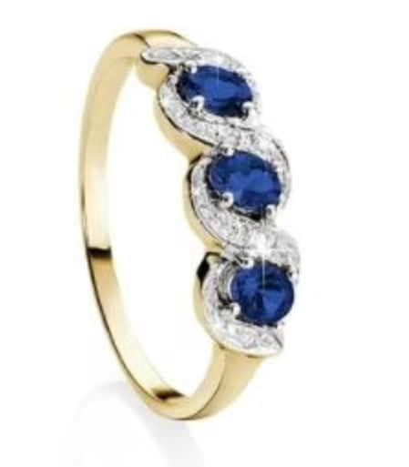 9ct Yellow Gold Claw Set 3 Stone Oval Sapphire & Pave Diamond Ring