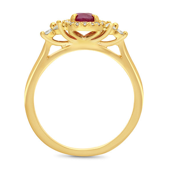 9ct yellow gold oval Natural Ruby and Diamond dress ring. 1 x 7 x 5mm oval E grade natural Ruby and 20 round brilliant cut JKL/SI3 diamonds = 0.10cts and 6 RBC JKL/SI3 diamonds = 0.09cts - TDW = 0.19cts