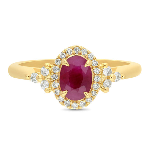 9ct yellow gold oval Natural Ruby and Diamond dress ring. 1 x 7 x 5mm oval E grade natural Ruby and 20 round brilliant cut JKL/SI3 diamonds = 0.10cts and 6 RBC JKL/SI3 diamonds = 0.09cts - TDW = 0.19cts