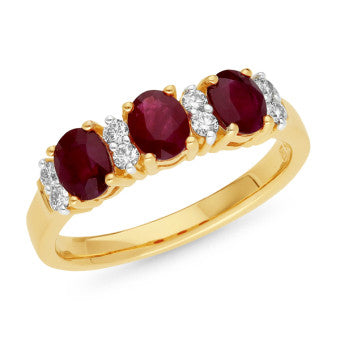 9 Carat Yellow Gold Claw Set Natural Ruby And Diamond Dress Or Eternity Ring.
