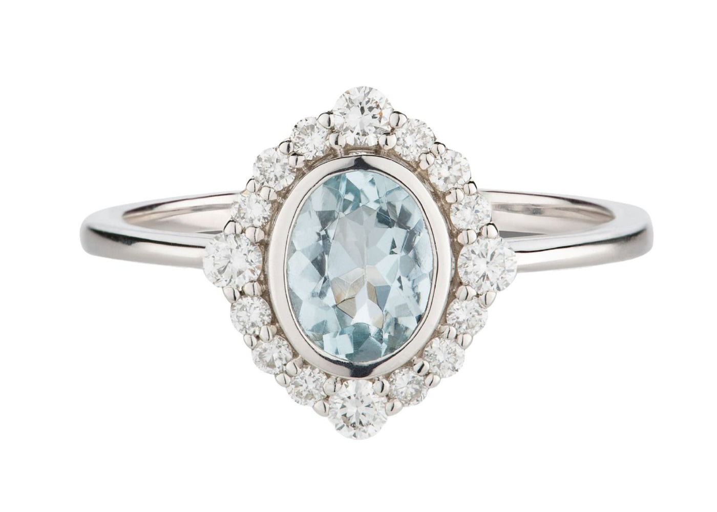 9 Carat White Gold Bezel Set Oval Natural Aquamarine With Lab Grown Diamond Halo