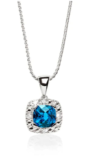 9ct White Gold Cushion Cut London Blue Topaz Pendant With Pave Set Diamond Surround