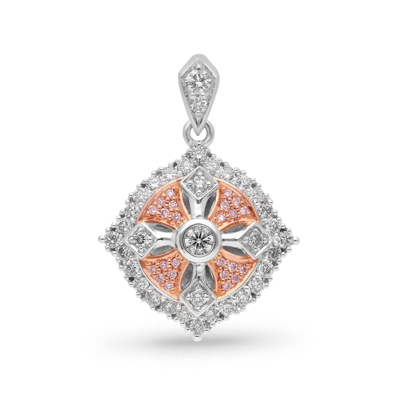 9ct White Gold / Rose Gold Diamond Set Pendant With Diamond Set Bail And Natural Pink Diamonds From The Argyle Mine