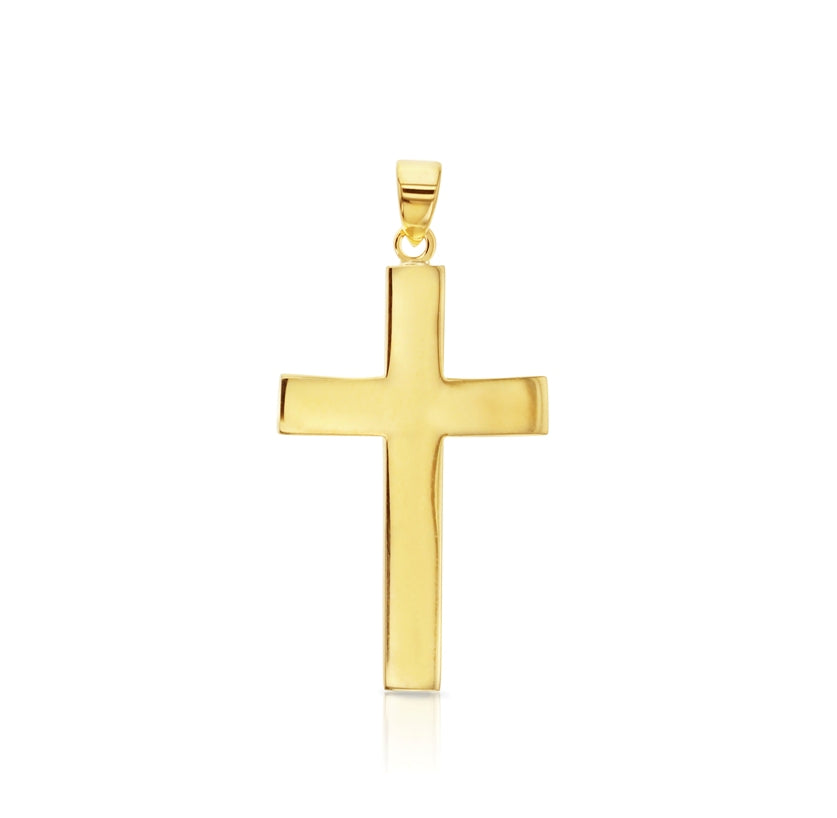 9 carat yellow gold plain polished flat religious cross pendant with patterned back.