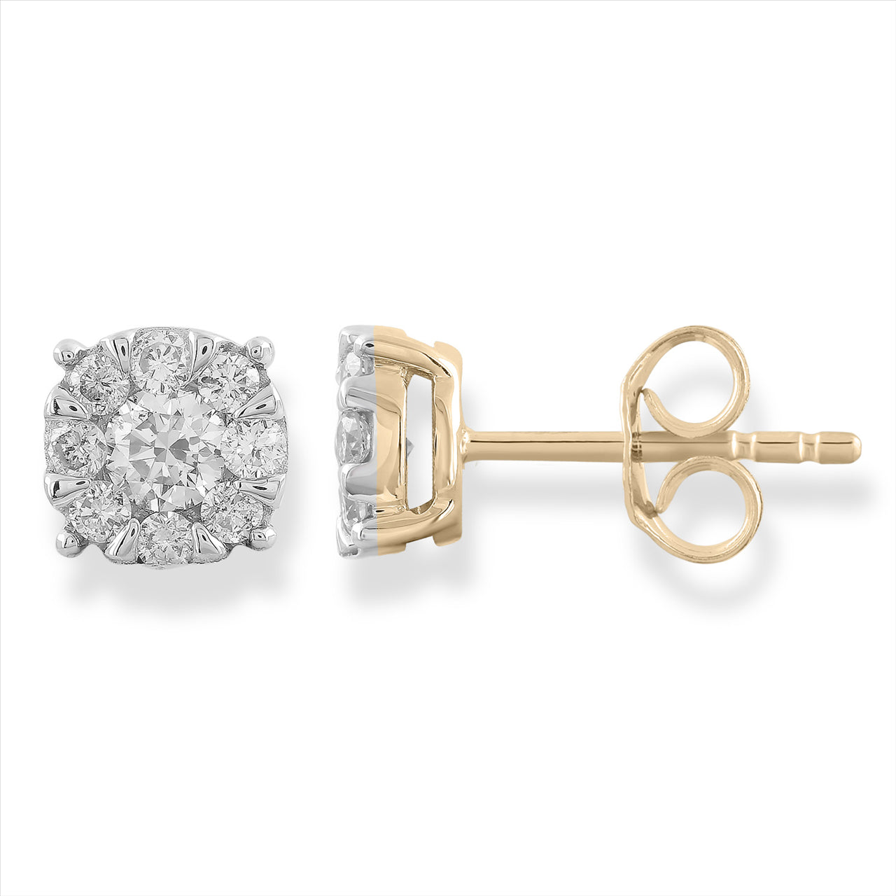 9 Carat Yellow Gold Half Carat Diamond Cluster Stud Earrings