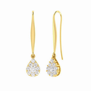 9 Carat Yellow Gold Diamond Set Hanging Teardrop Cluster Hook Earrings