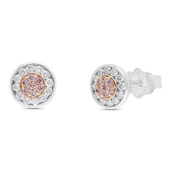 9 carat white gold and rose gold natural pink and white diamond stud earrings