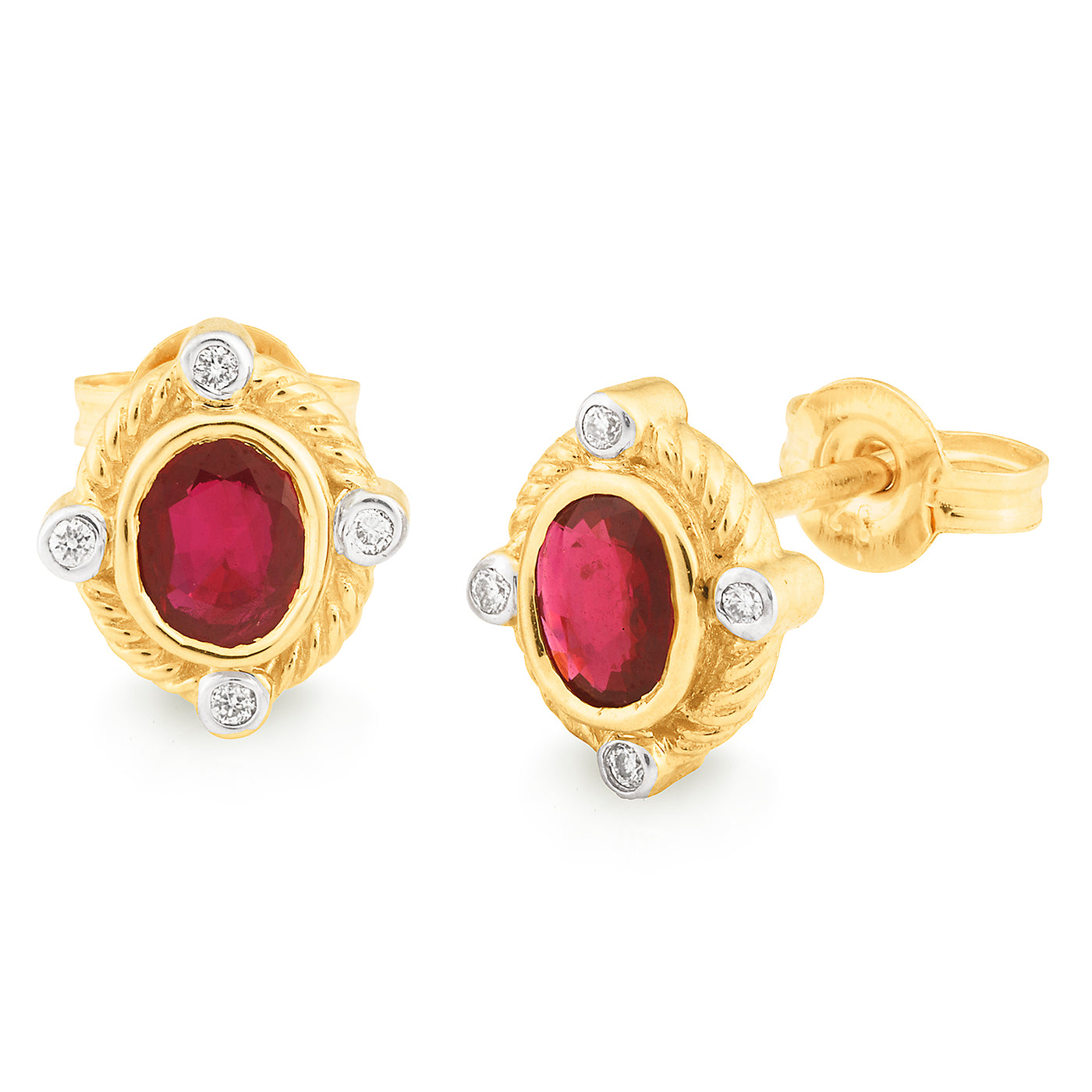 9 carat yellow gold bezel set 5 x 4mm oval natural ruby and diamond stud earrings