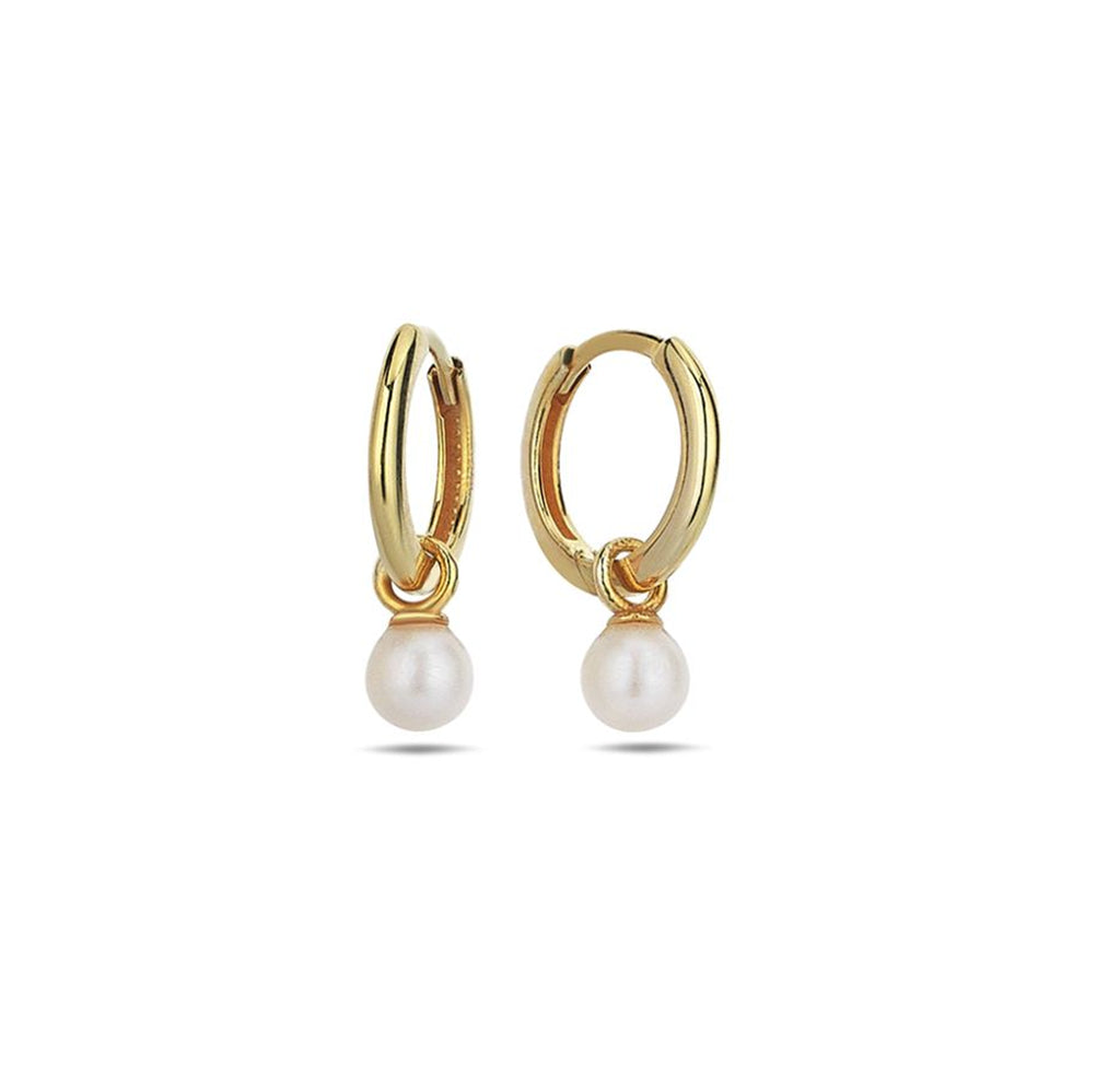 9 Carat Yellow Gold Plain Huggie Earrings With Pearl Drop