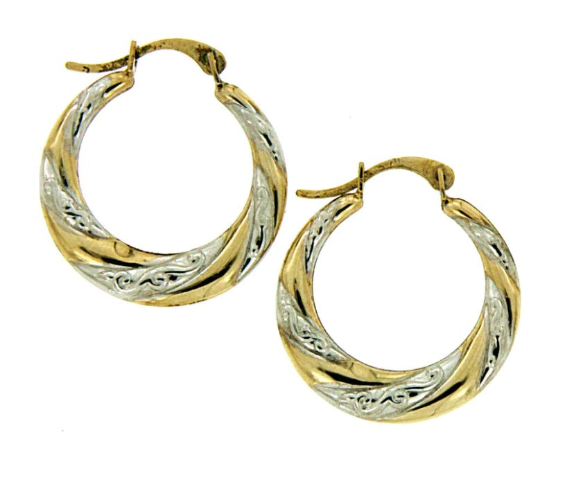 9 carat yellow gold silver fusion 2 tone tapered patterned 15mm hoop earrings