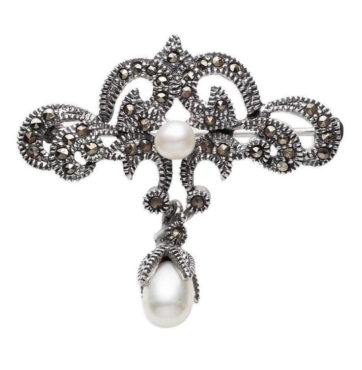 Sterling Silver Marcasite and Pearl Brooch
