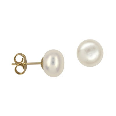 9 Carat Yellow Gold 8mm Freshwater Cultured Button Pearl Stud Earrings