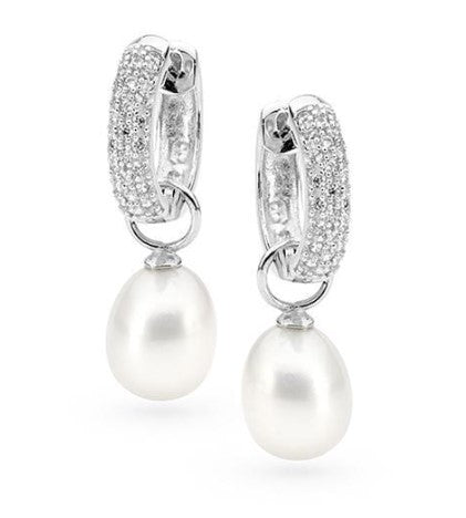 Sterling Silver White 8.5-9mm Cultured Freshwater Pearl Drop On Cubic Zirconia Pave Set Huggy Earrings