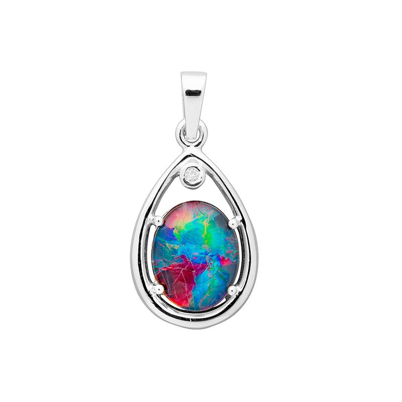 Sterling silver claw set 10 x 8mm oval triplet opal and cubic zirconia in a tear drop shaped pendant