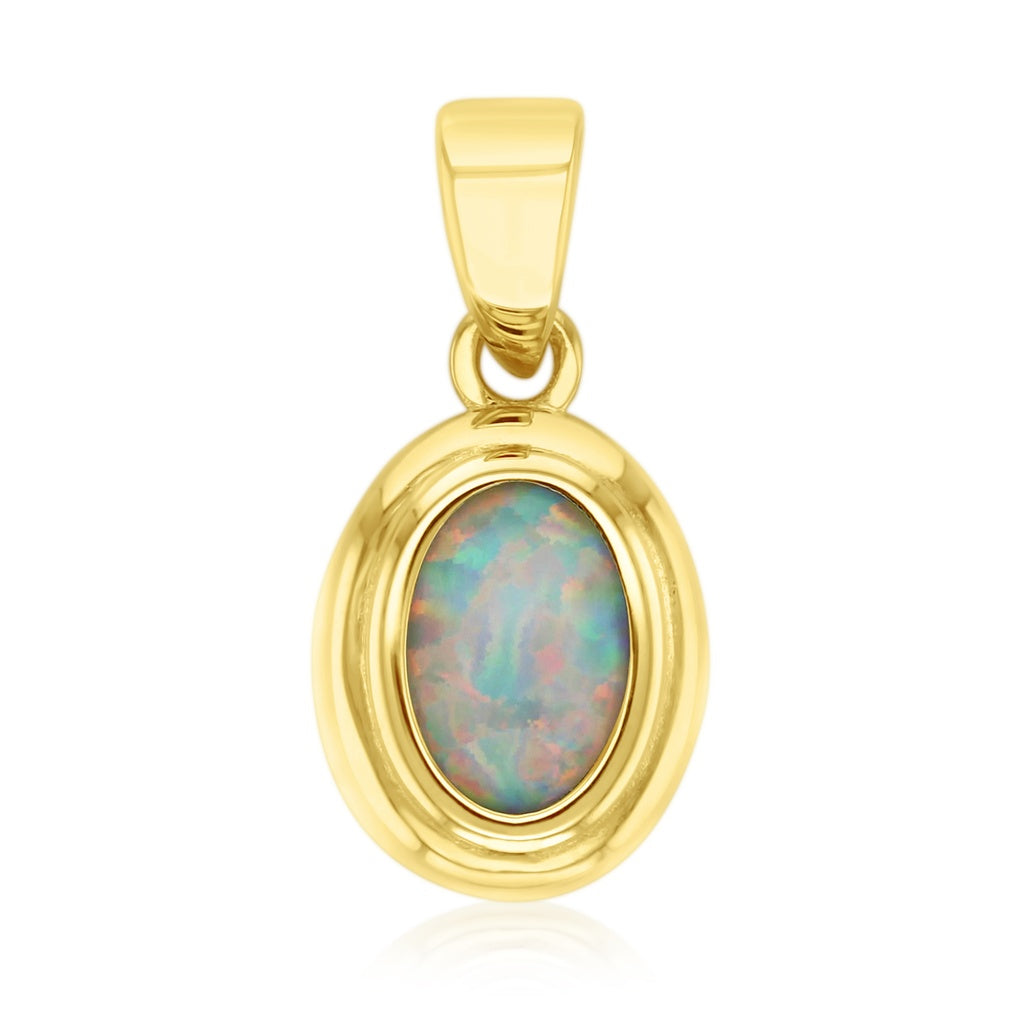 9 Carat Yellow Gold Bezel Set Oval Pendant With Compressed 6.5mm X 4.5mm Opal Centre Stone