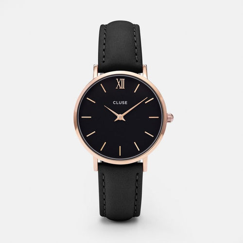 Cluse Minuit Womens Watch With Black Leather Strap And Rose Gold Details