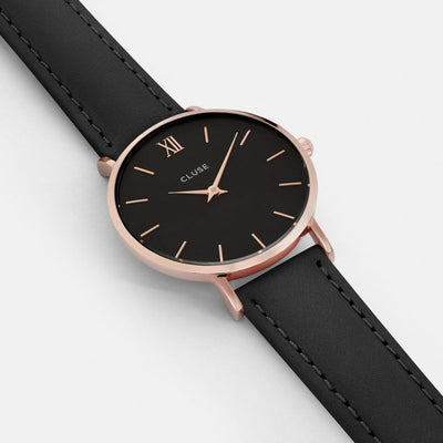 Cluse Minuit Womens Watch With Black Leather Strap And Rose Gold Details