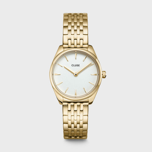 Ladies gold plated stainless steel cluse feroce with white dial and gold plated stainless steel link band