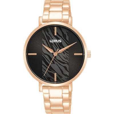 Ladies Rose Gold Plated Stainless Steel LORUS Dress Watch With Black Patterned Dial