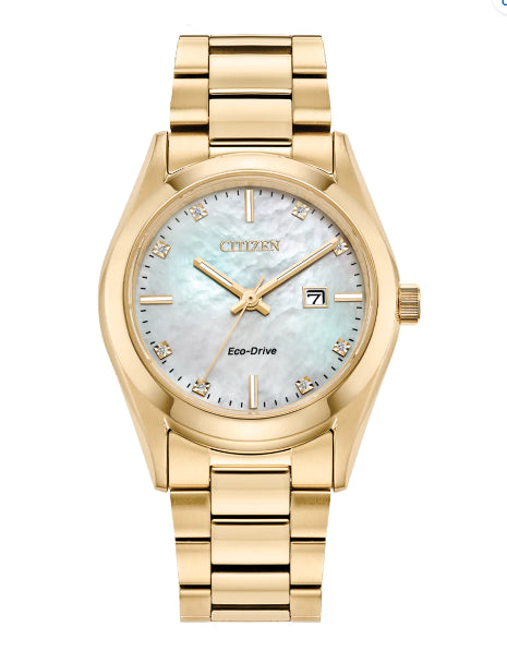 Ladies Gold Plated Stainless Steel Eco-Drive CITIZEN With Diamond Set Mother of Pearl Dial