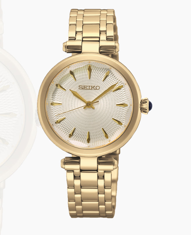 Ladies Gold Plated Seiko With Faceted Crystal And Champagne Coloured Dial
