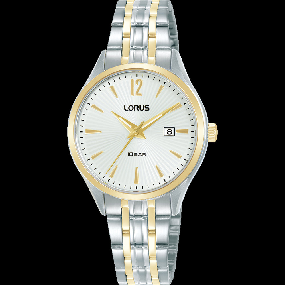 Ladies 2 tone stainless steel white dial lorus watch with date - 100m water resistant