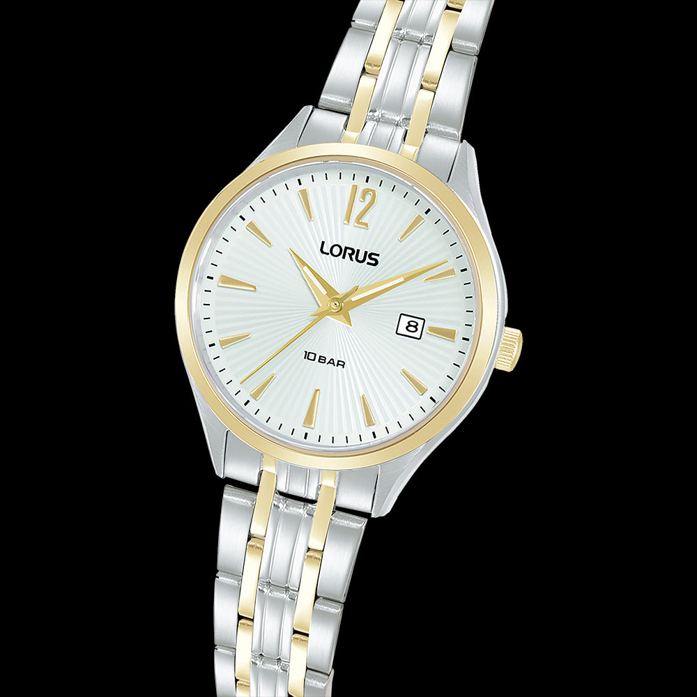 Ladies 2 tone stainless steel white dial lorus watch with date - 100m water resistant