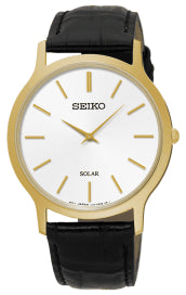 Mens Gold Plated Seiko Solar Dress Watch On Leather Strap