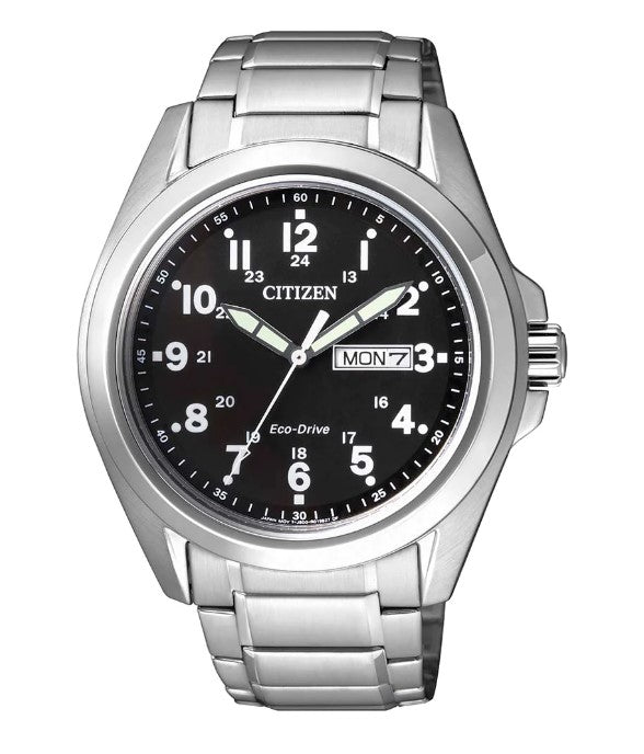 Gents Stainless Steel Citizen Day/Date Eco-Drive with Stainless Steel Bracelet Wr100