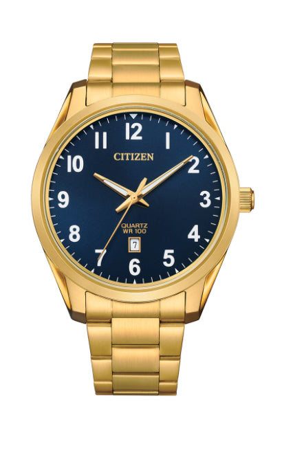 CITIZEN Gold Plated Gents Quartz Date With Blue Dial And Gold Plated Band
